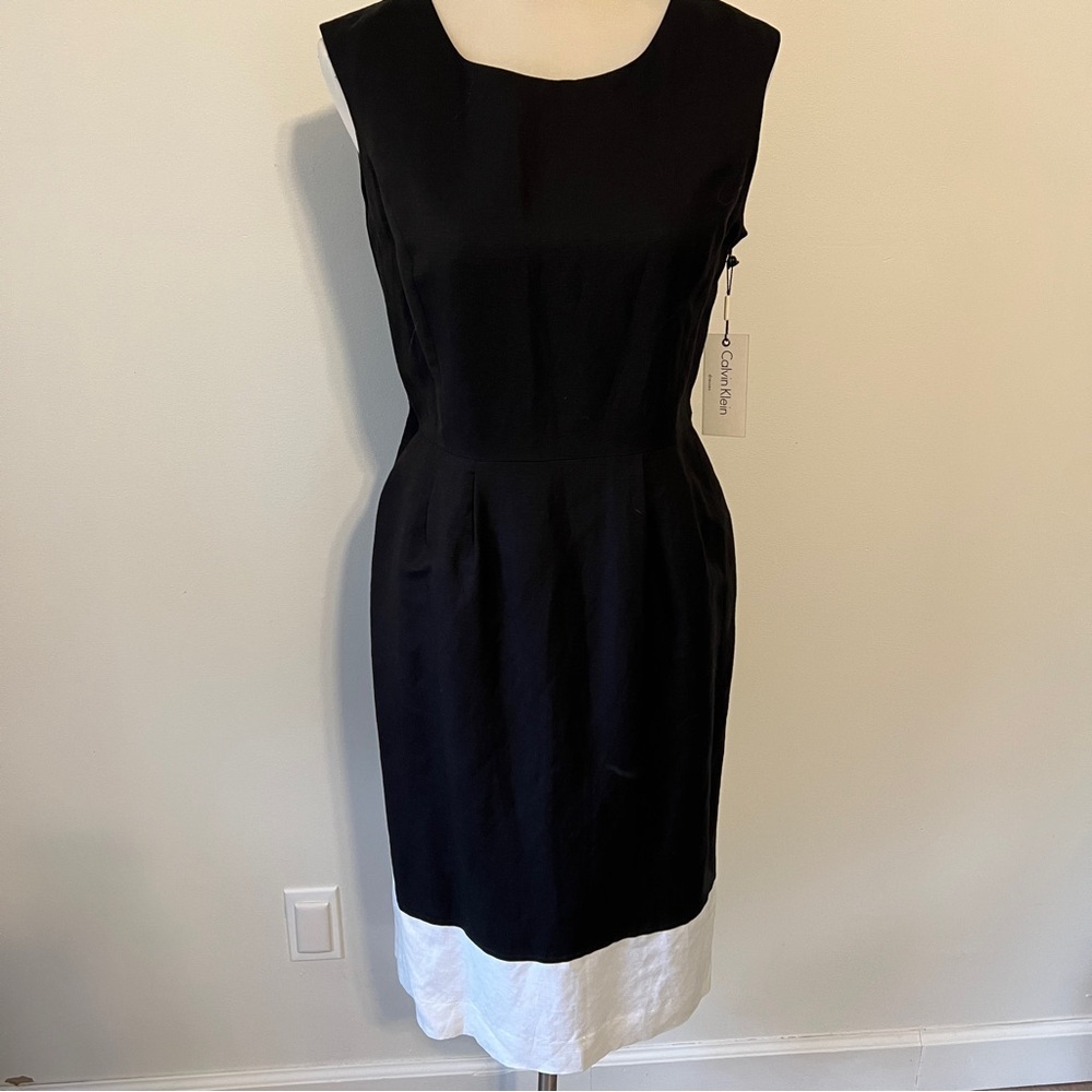 Calvin Klein Black and White Midi Dress pockets 8 office LBD Black white